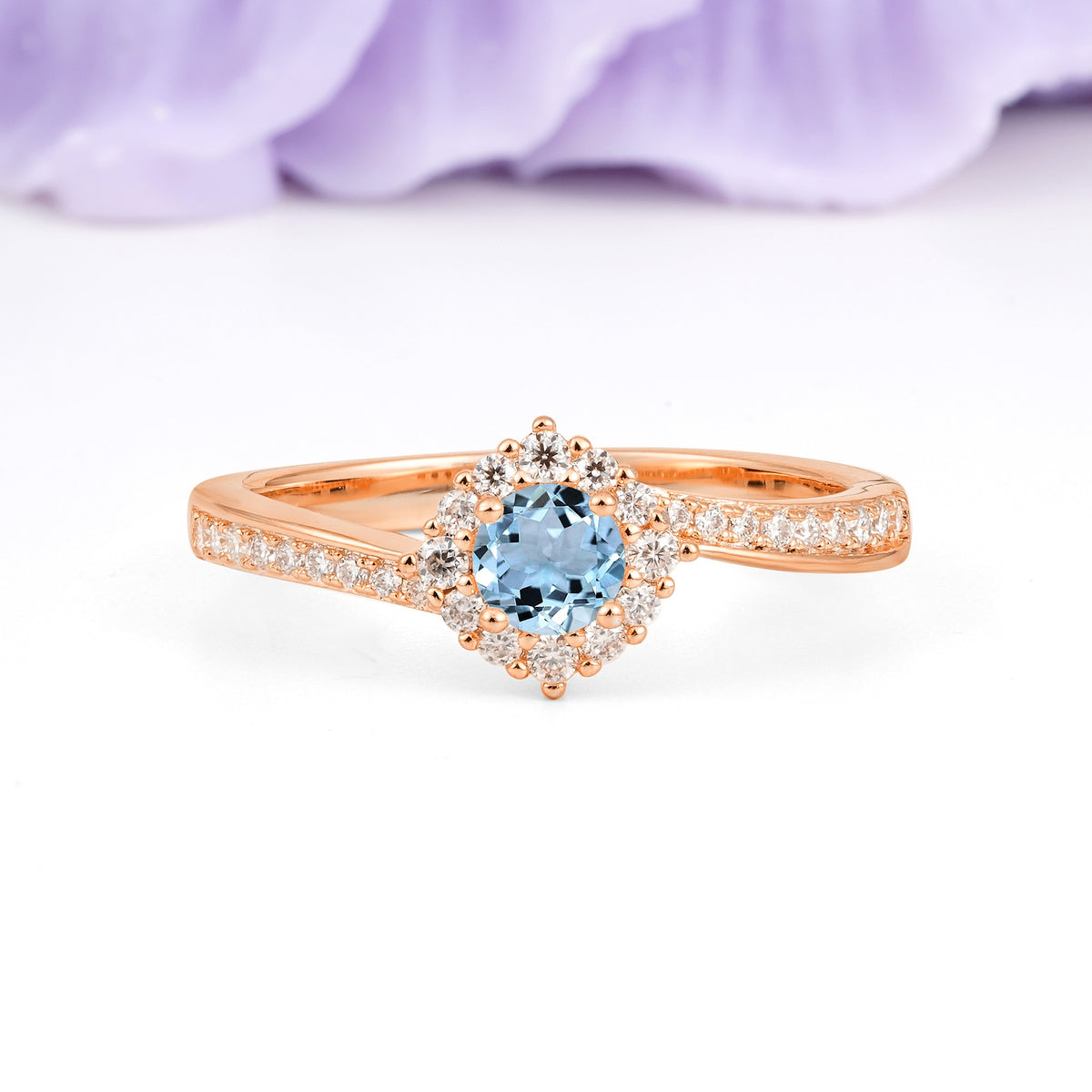 Classic Pavé-Set, Luxurious 4-Prong Round Cut Aquamarine Engagement Ring - Additional view