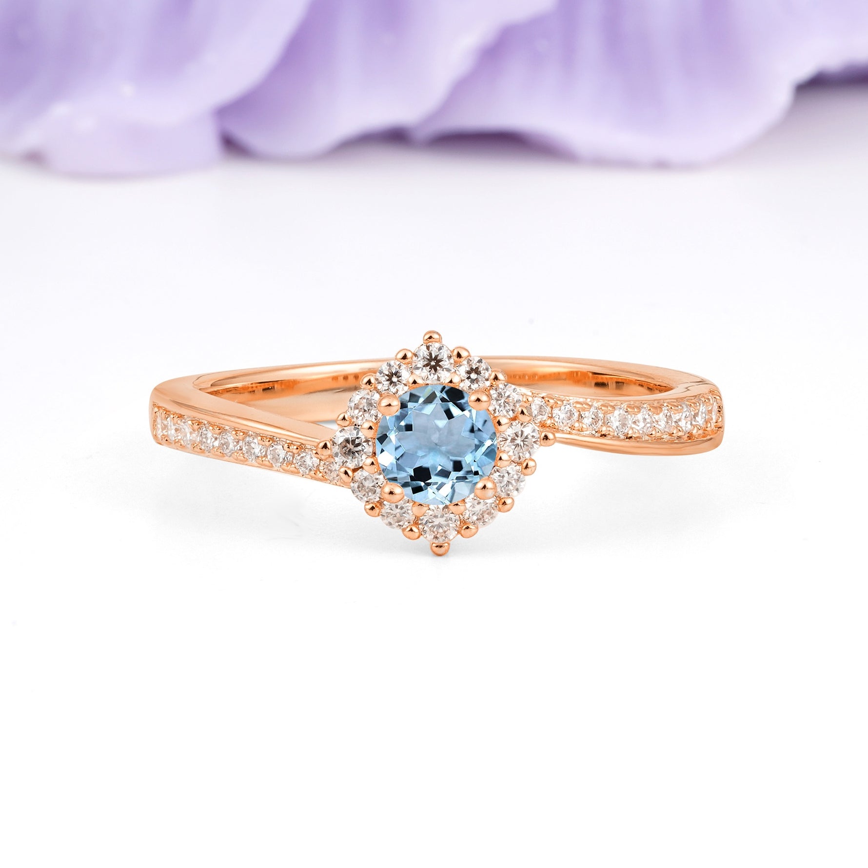 Classic Pavé-Set, Luxurious 4-Prong Round Cut Aquamarine Engagement Ring - Additional view