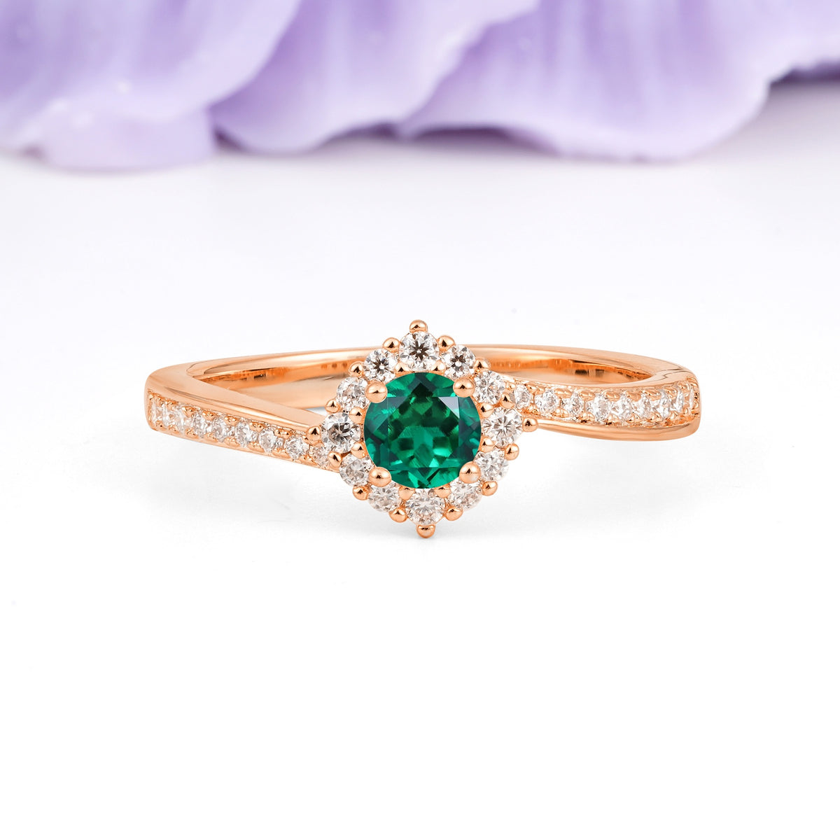 Classic Pavé-Set, Luxurious 4-Prong Round Cut Emerald Engagement Ring - Additional view