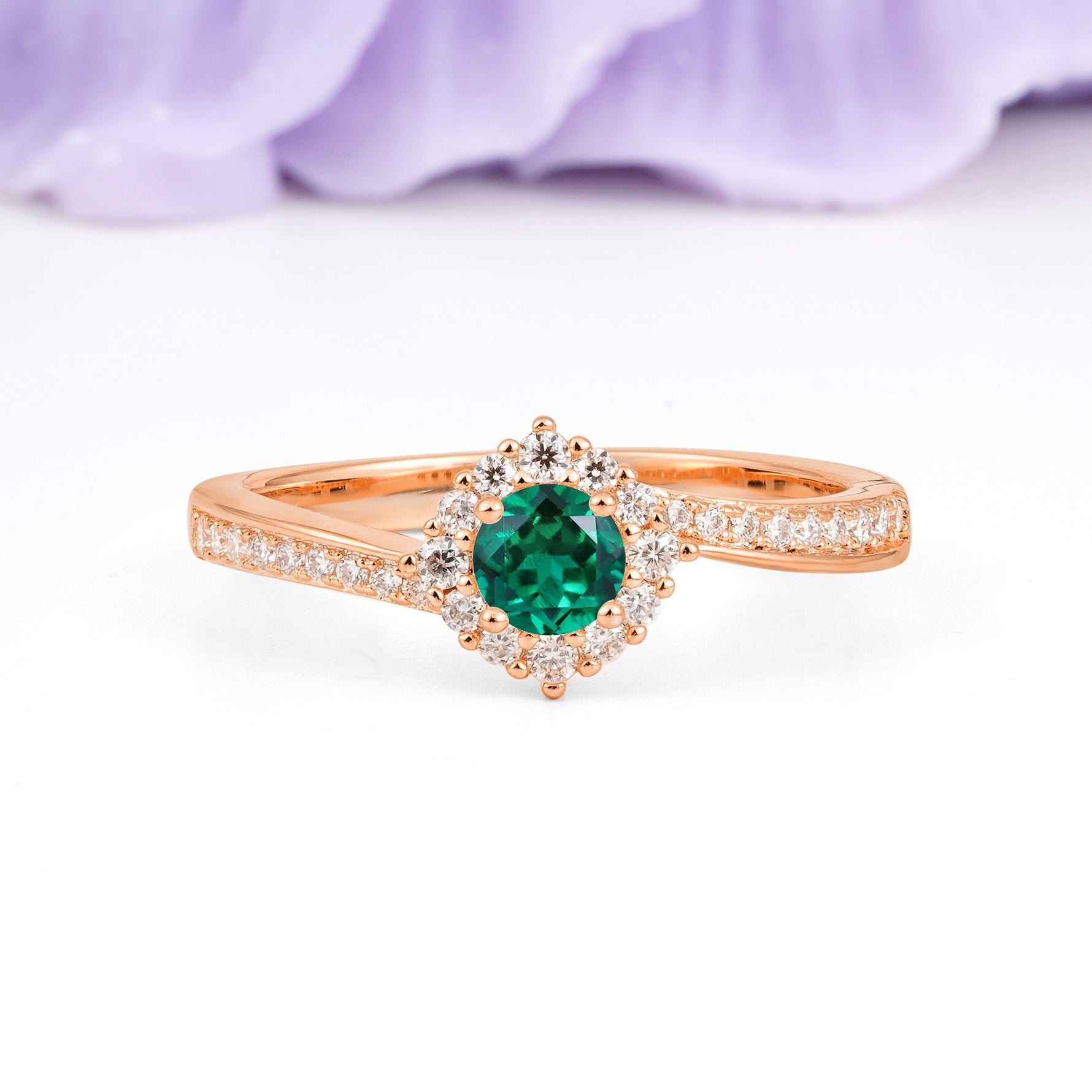 Classic Pavé-Set, Luxurious 4-Prong Round Cut Emerald Engagement Ring - Additional view