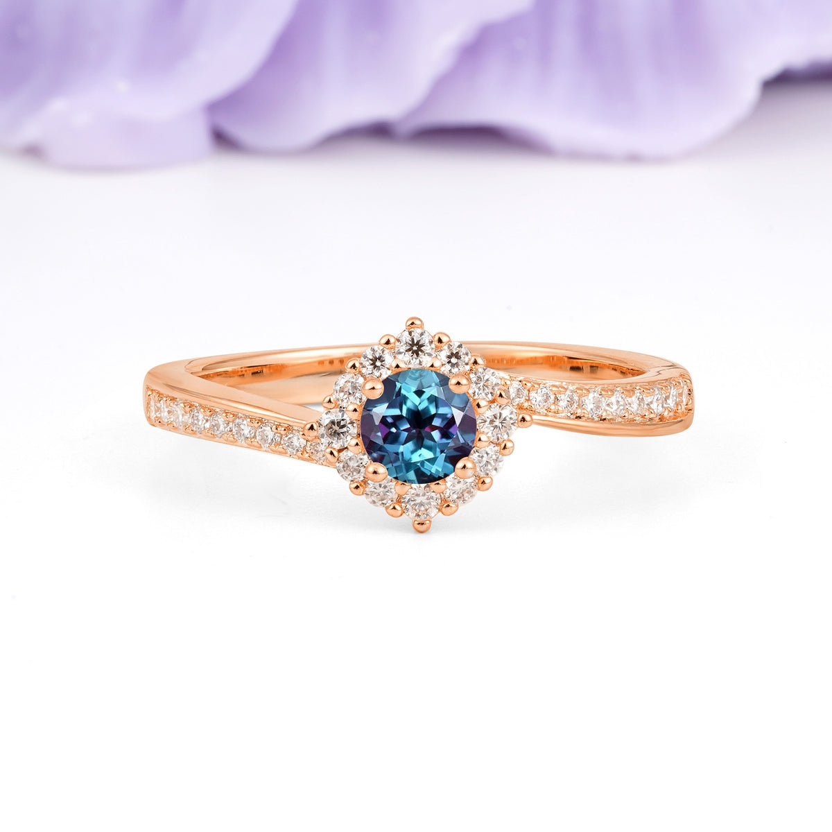 Classic Pavé-Set, Luxurious 4-Prong Round Cut Alexandrite Engagement Ring - Additional view