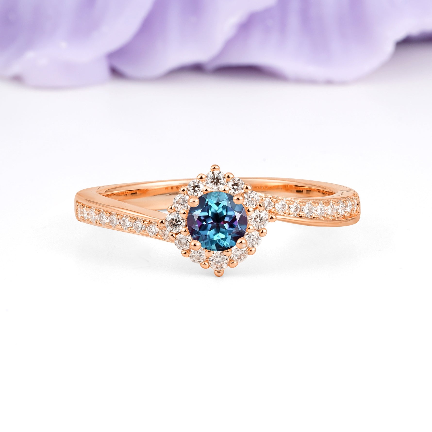 Classic Pavé-Set, Luxurious 4-Prong Round Cut Alexandrite Engagement Ring - Additional view