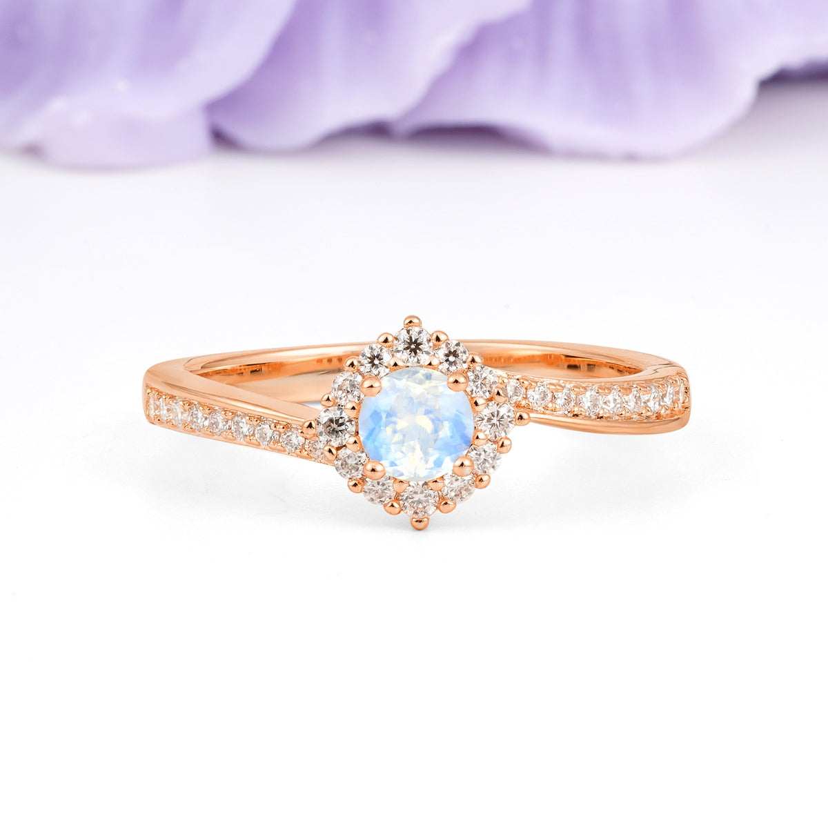 Classic Pavé-Set, Luxurious 4-Prong Round Cut Moonstone Engagement Ring - Additional view