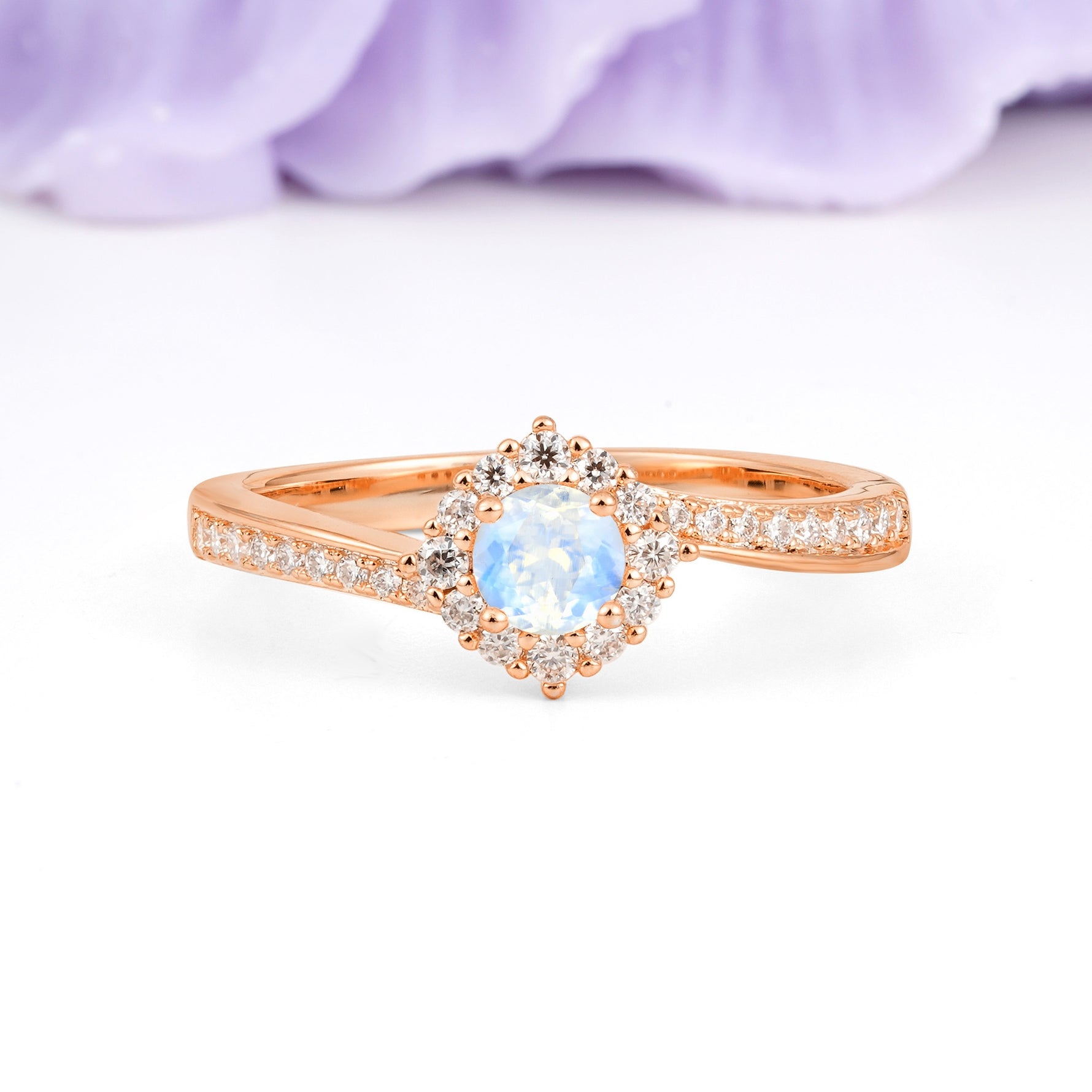 Classic Pavé-Set, Luxurious 4-Prong Round Cut Moonstone Engagement Ring - Additional view