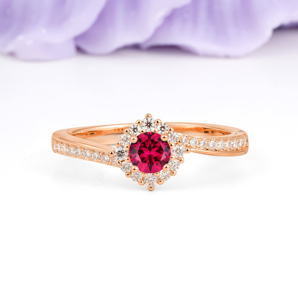 Classic Pavé-Set, Luxurious 4-Prong Round Cut Ruby Engagement Ring - Additional view