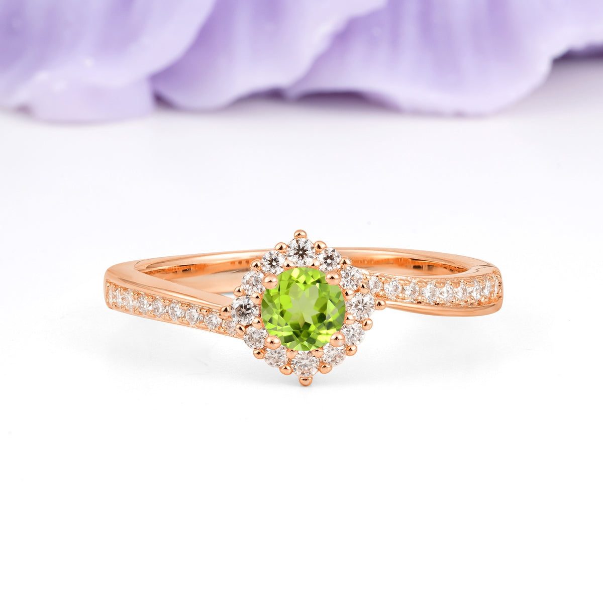 Classic Pavé-Set, Luxurious 4-Prong Round Cut Peridot Engagement Ring - Additional view