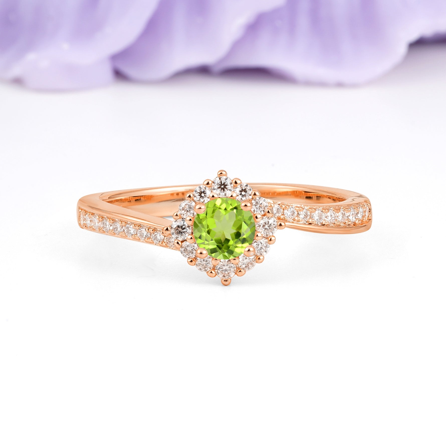 Classic Pavé-Set, Luxurious 4-Prong Round Cut Peridot Engagement Ring - Additional view