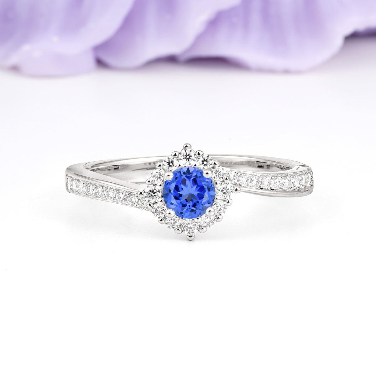 Classic Pavé-Set, Luxurious 4-Prong Round Cut Sapphire Engagement Ring - Additional view
