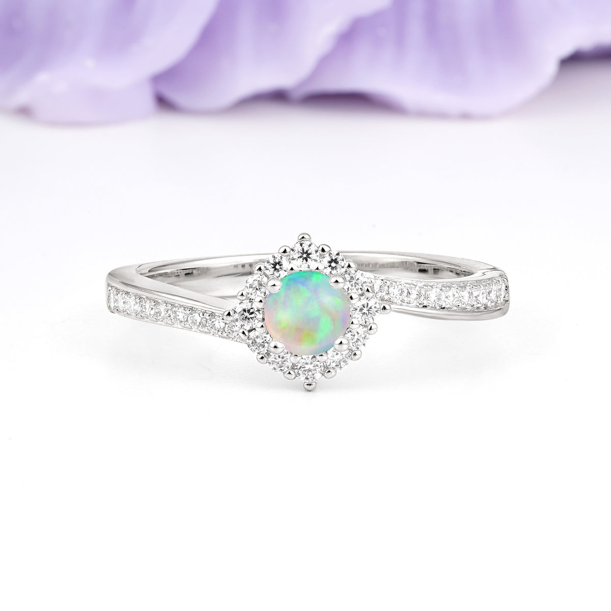 Classic Pavé-Set, Luxurious 4-Prong Round Cut Fire Opal Engagement Ring - Additional view