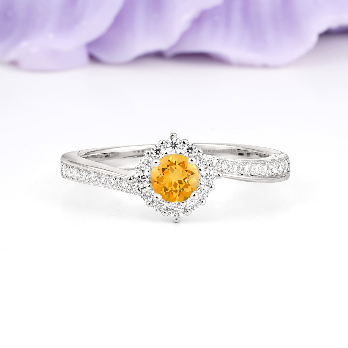 Classic Pavé-Set, Luxurious 4-Prong Round Cut Citrine Engagement Ring - Additional view