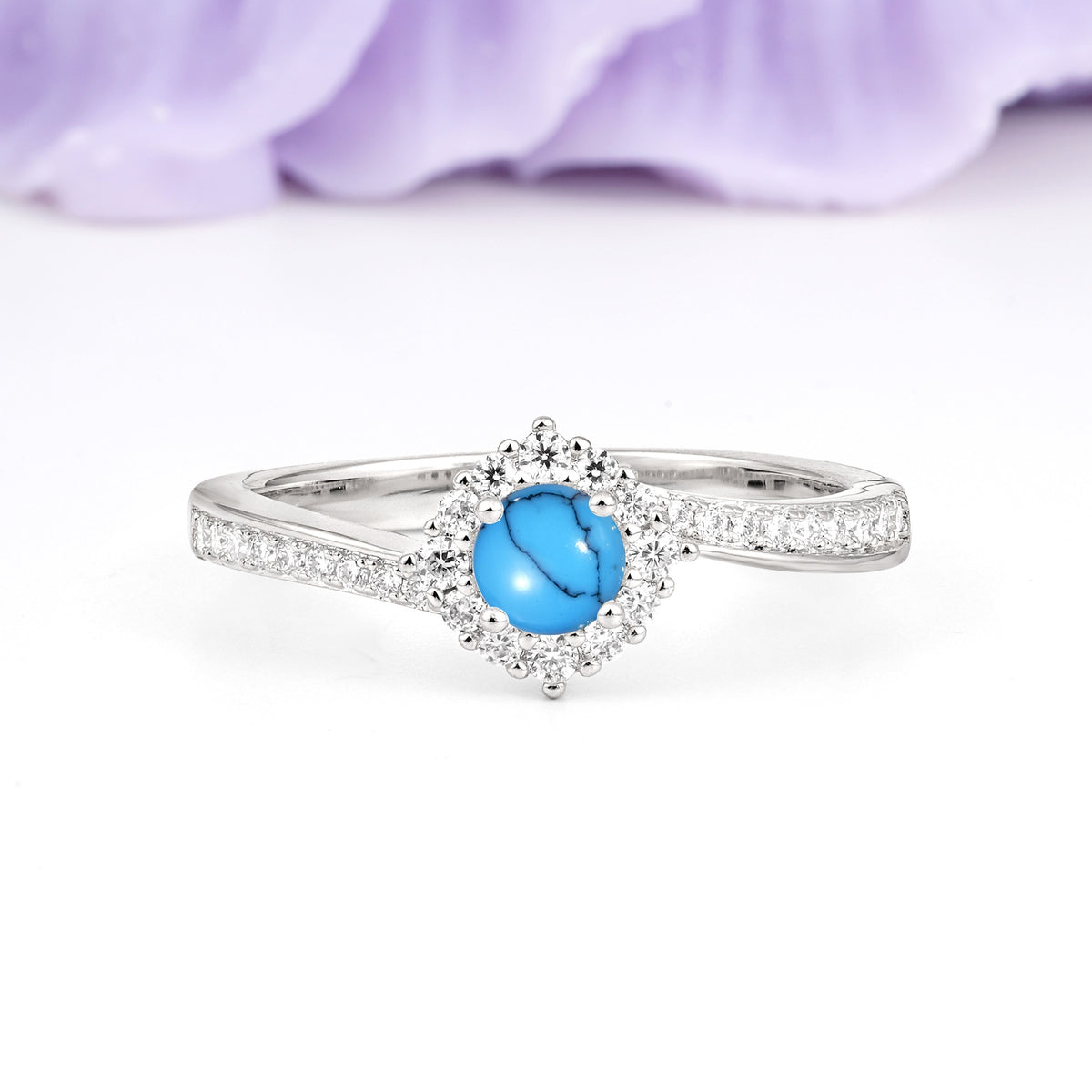 Classic Pavé-Set, Luxurious 4-Prong Round Cut Turquoise Engagement Ring - Additional view