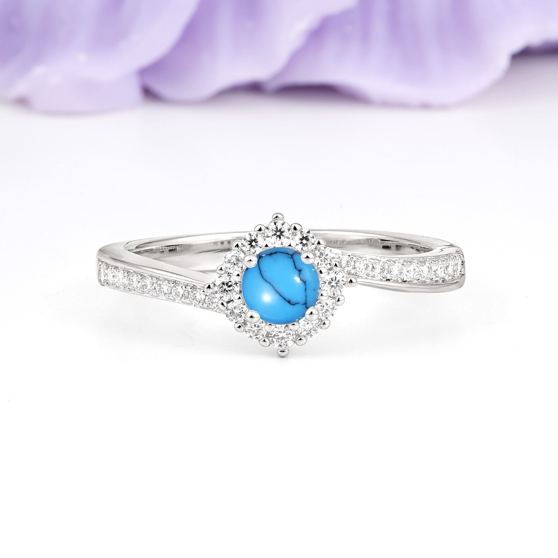 Classic Pavé-Set, Luxurious 4-Prong Round Cut Turquoise Engagement Ring - Additional view