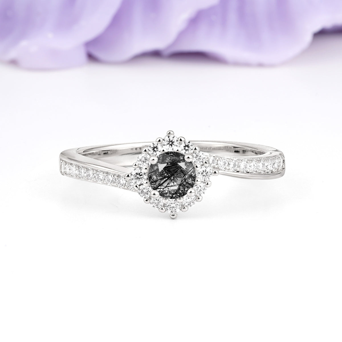 Classic Pavé-Set, Luxurious 4-Prong Round Cut Black Rutilated Quartz Engagement Ring - Additional view