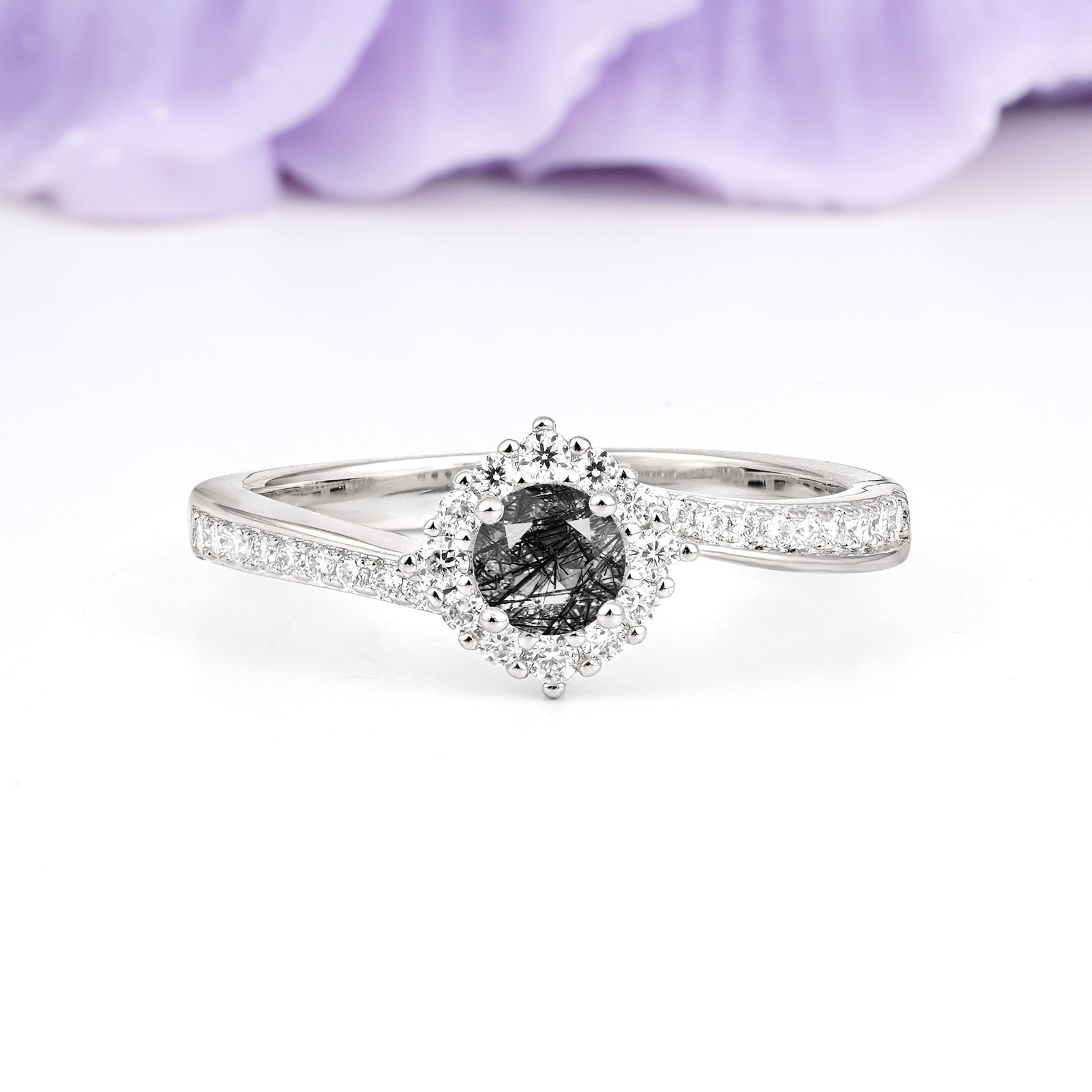 Classic Pavé-Set, Luxurious 4-Prong Round Cut Black Rutilated Quartz Engagement Ring - Additional view