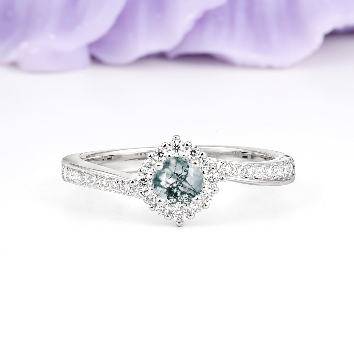 Classic Pavé-Set, Luxurious 4-Prong Round Cut Moss Agate Engagement Ring - Additional view