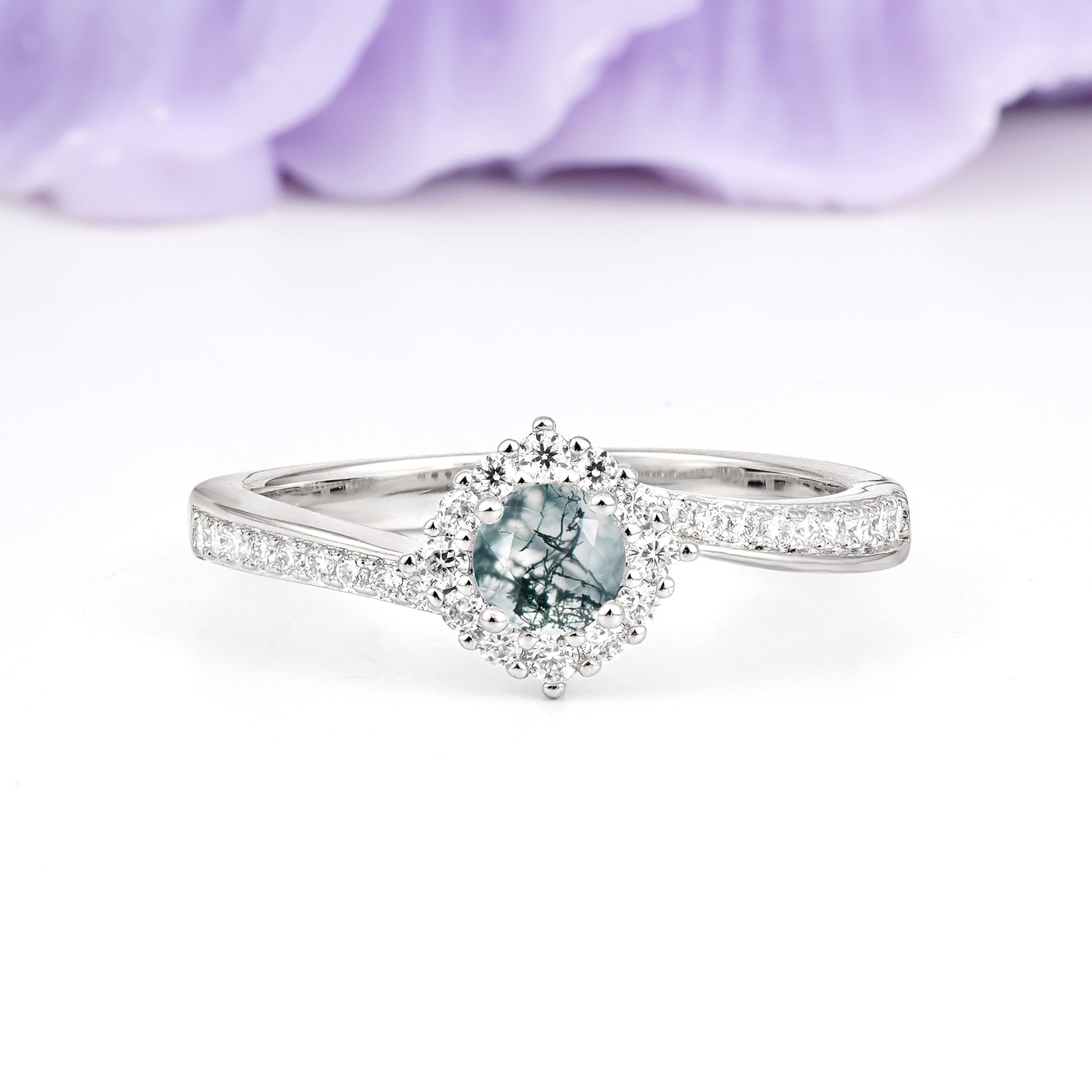 Classic Pavé-Set, Luxurious 4-Prong Round Cut Moss Agate Engagement Ring - Additional view
