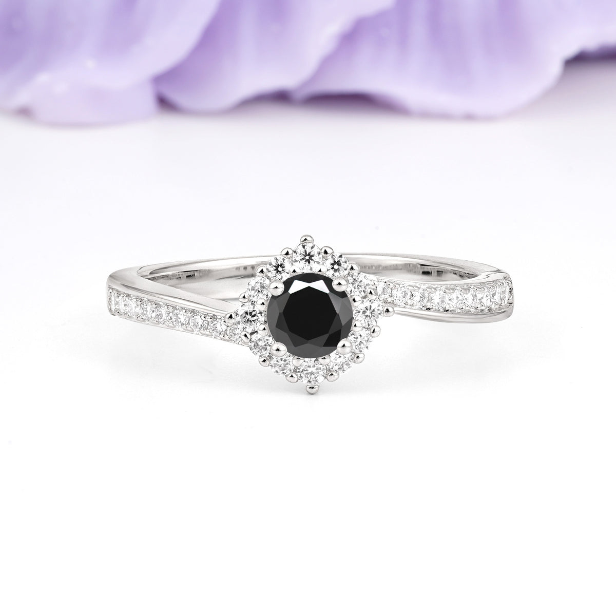 Classic Pavé-Set, Luxurious 4-Prong Round Cut Black Onyx Engagement Ring - Additional view