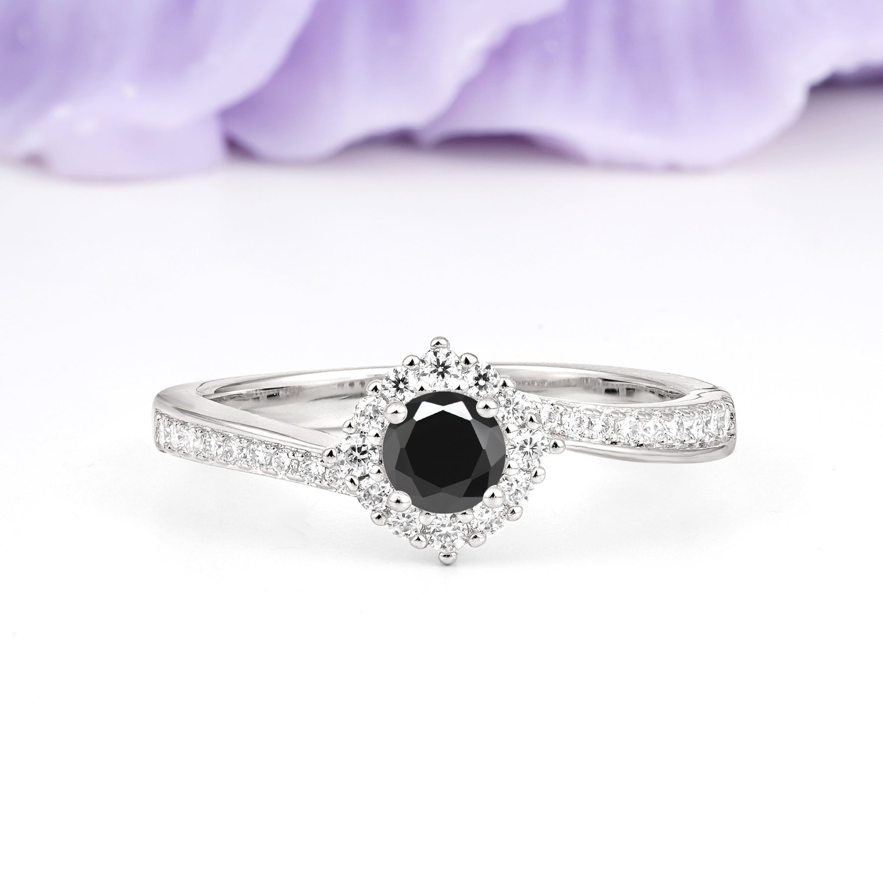 Classic Pavé-Set, Luxurious 4-Prong Round Cut Black Onyx Engagement Ring - Additional view