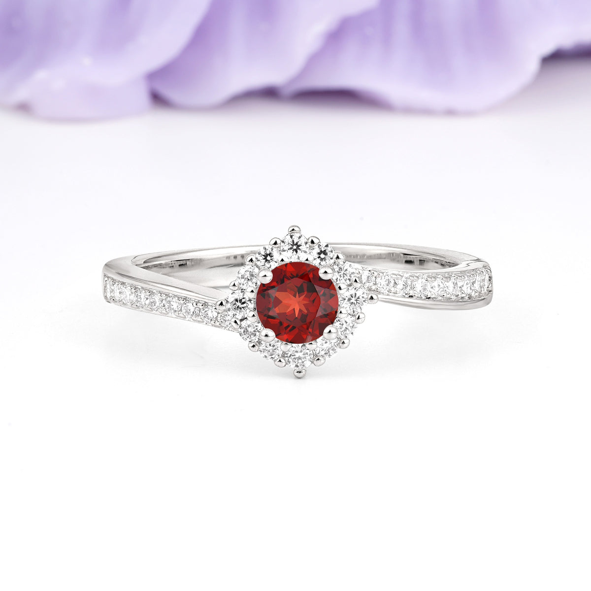 Classic Pavé-Set, Luxurious 4-Prong Round Cut Garnet Engagement Ring - Additional view