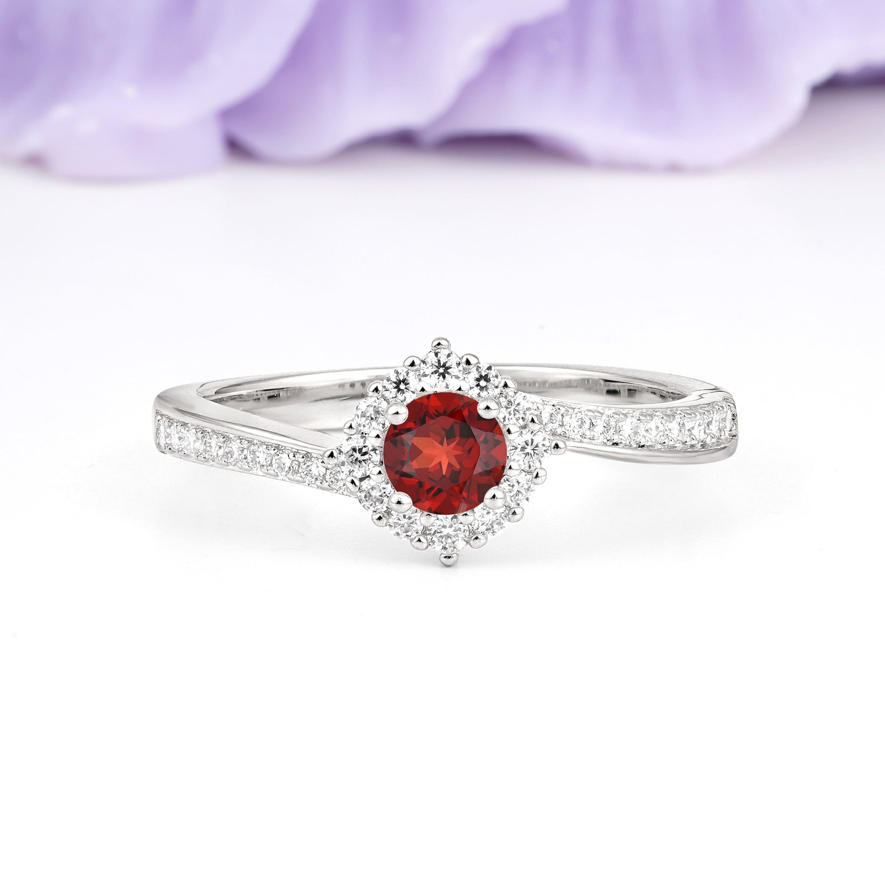 Classic Pavé-Set, Luxurious 4-Prong Round Cut Garnet Engagement Ring - Additional view