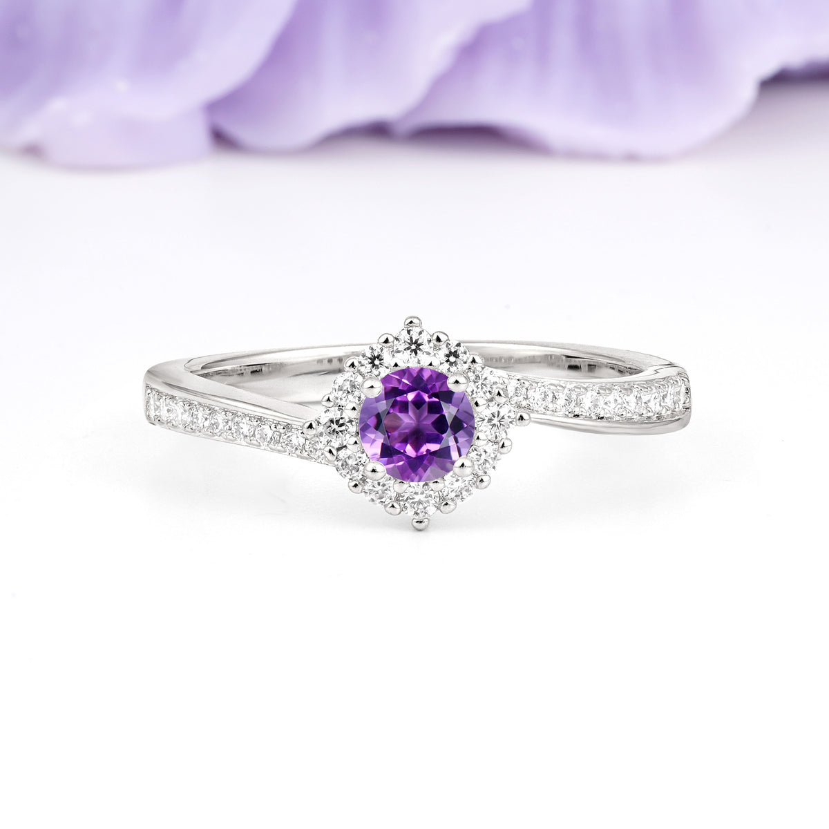 Classic Pavé-Set, Luxurious 4-Prong Round Cut Amethyst Engagement Ring - Additional view