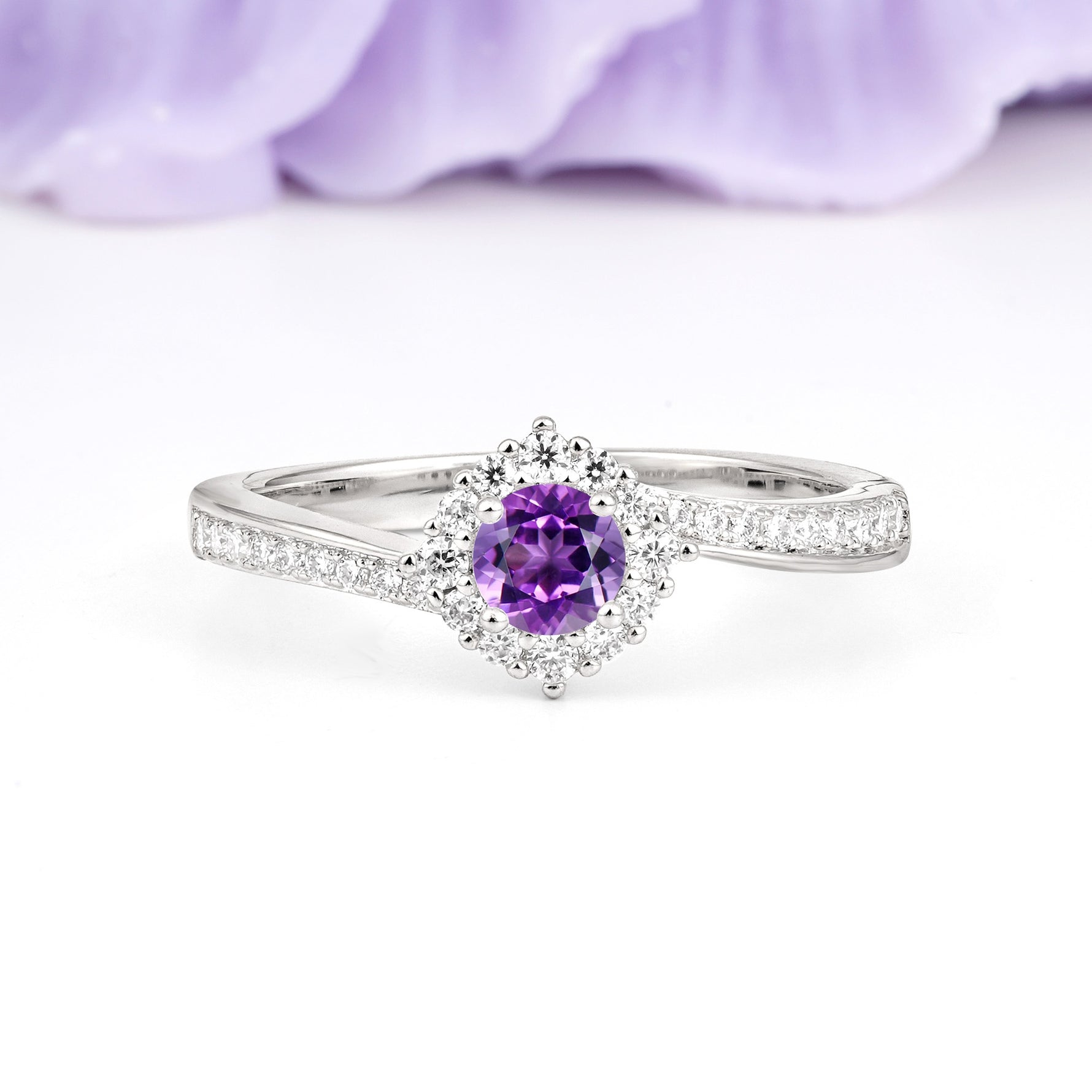 Classic Pavé-Set, Luxurious 4-Prong Round Cut Amethyst Engagement Ring - Additional view