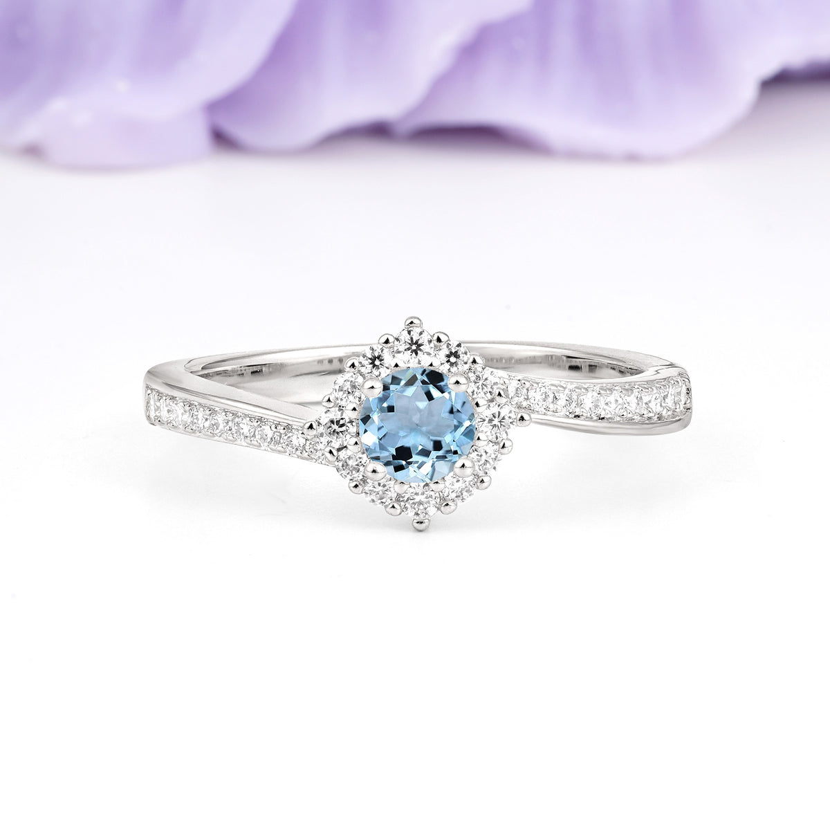 Classic Pavé-Set, Luxurious 4-Prong Round Cut Aquamarine Engagement Ring - Additional view