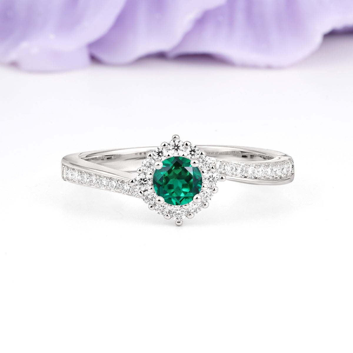 Classic Pavé-Set, Luxurious 4-Prong Round Cut Emerald Engagement Ring - Additional view