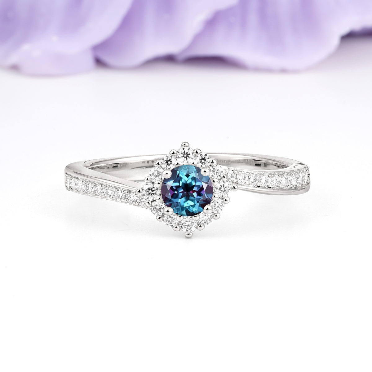 Classic Pavé-Set, Luxurious 4-Prong Round Cut Alexandrite Engagement Ring - Additional view