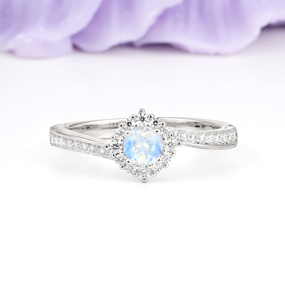 Classic Pavé-Set, Luxurious 4-Prong Round Cut Moonstone Engagement Ring - Additional view