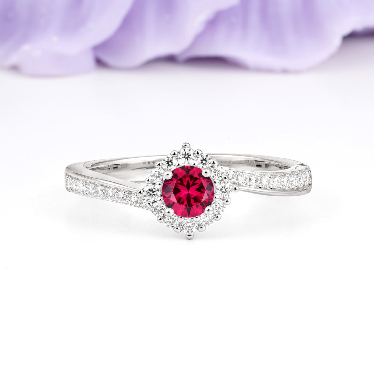 Classic Pavé-Set, Luxurious 4-Prong Round Cut Ruby Engagement Ring - Additional view