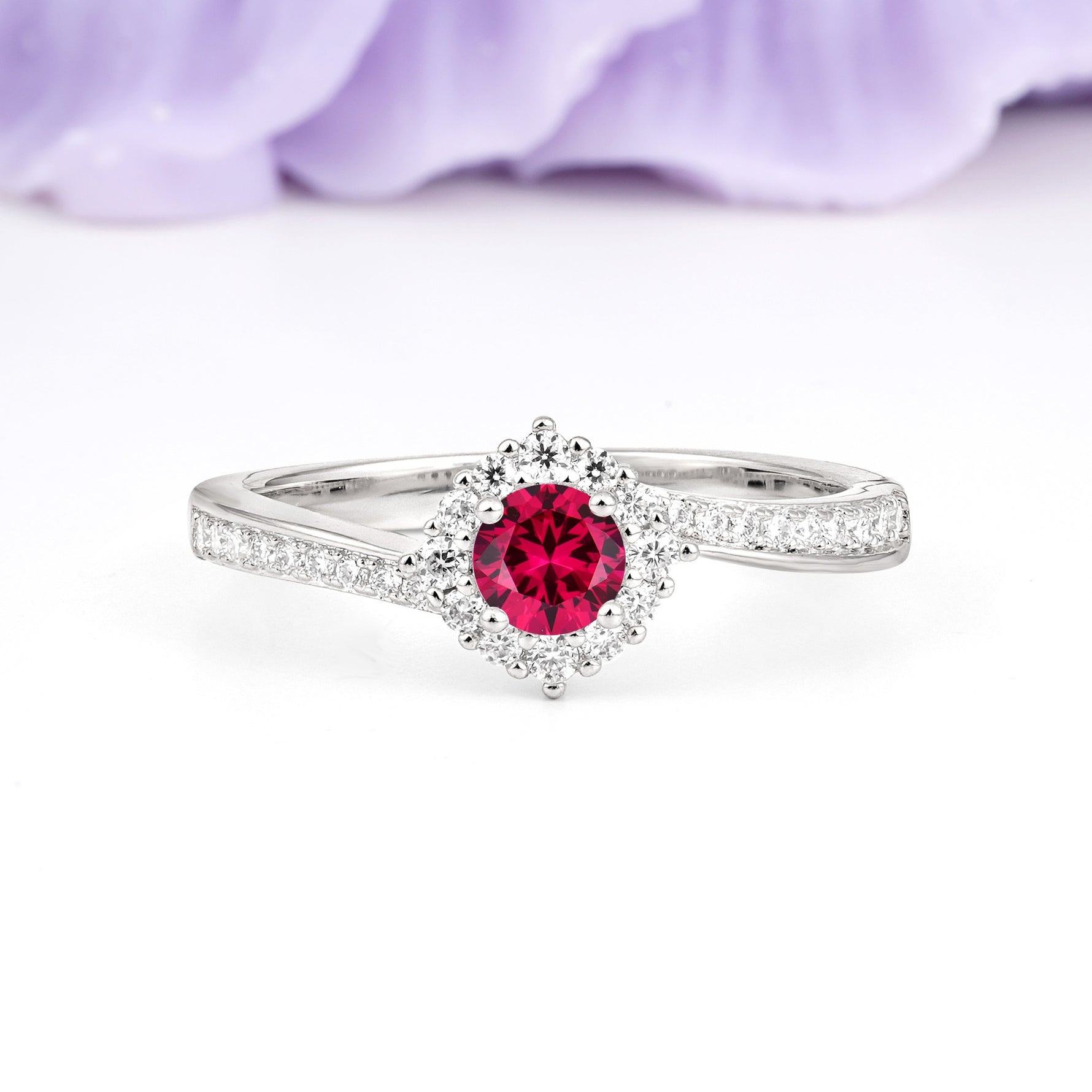 Classic Pavé-Set, Luxurious 4-Prong Round Cut Ruby Engagement Ring - Additional view