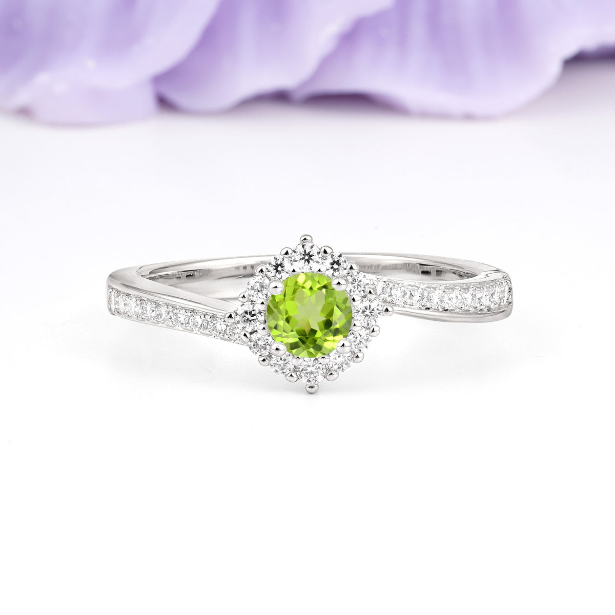 Classic Pavé-Set, Luxurious 4-Prong Round Cut Peridot Engagement Ring - Additional view