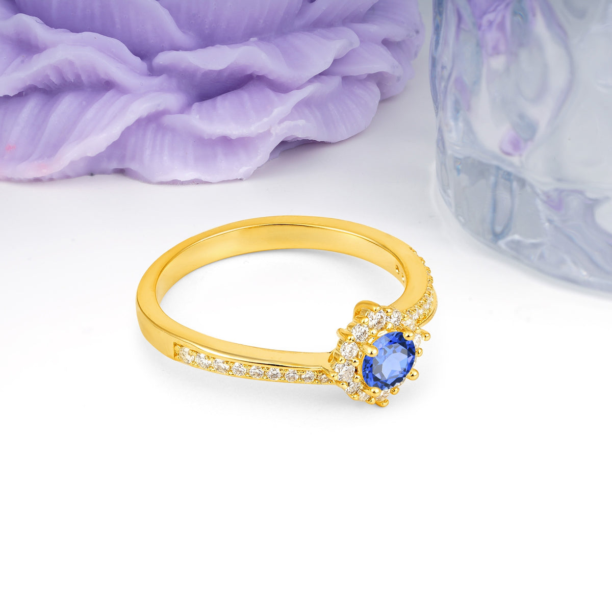 Classic Pavé-Set, Luxurious 4-Prong Round Cut Sapphire Engagement Ring - Additional view
