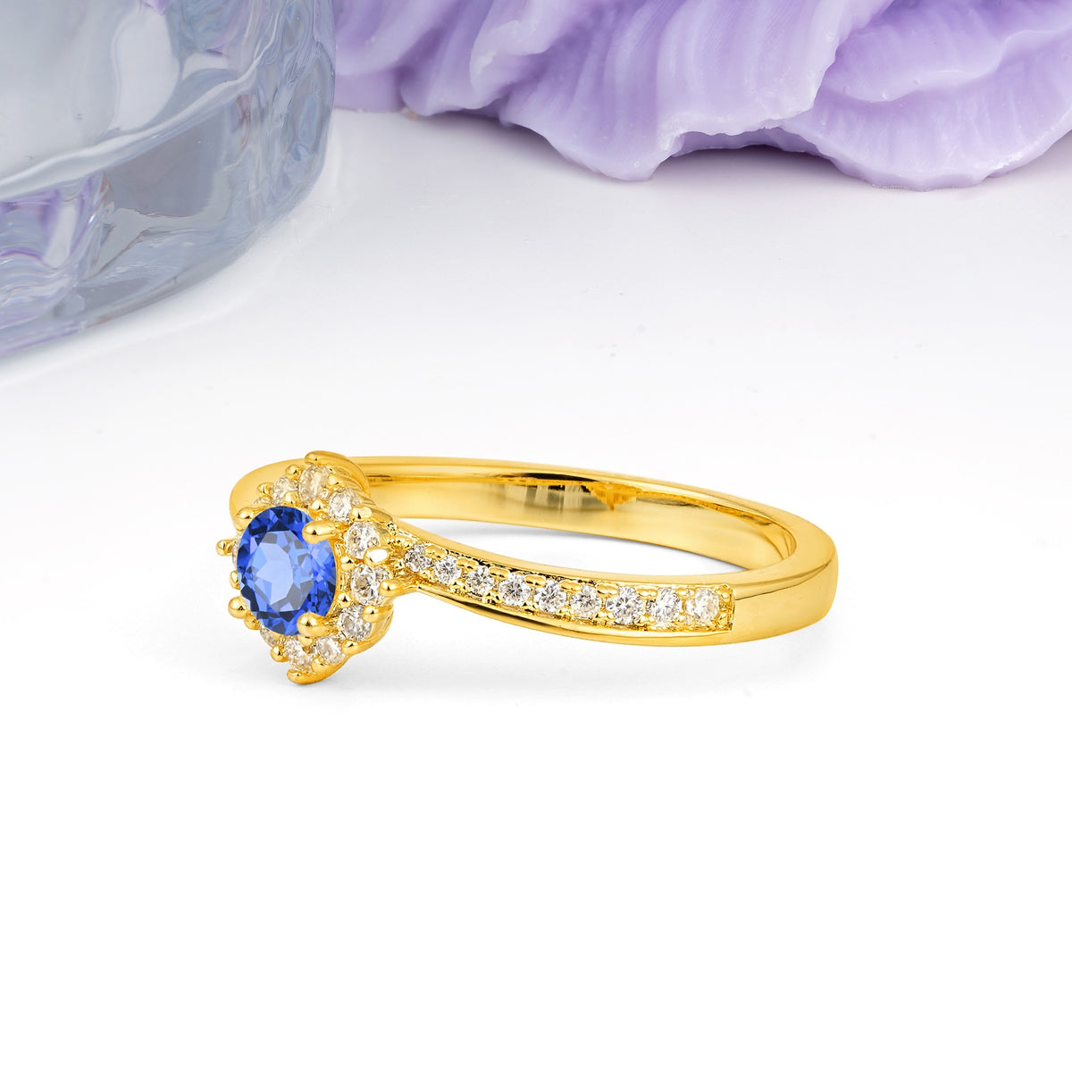 Classic Pavé-Set, Luxurious 4-Prong Round Cut Sapphire Engagement Ring - Additional view