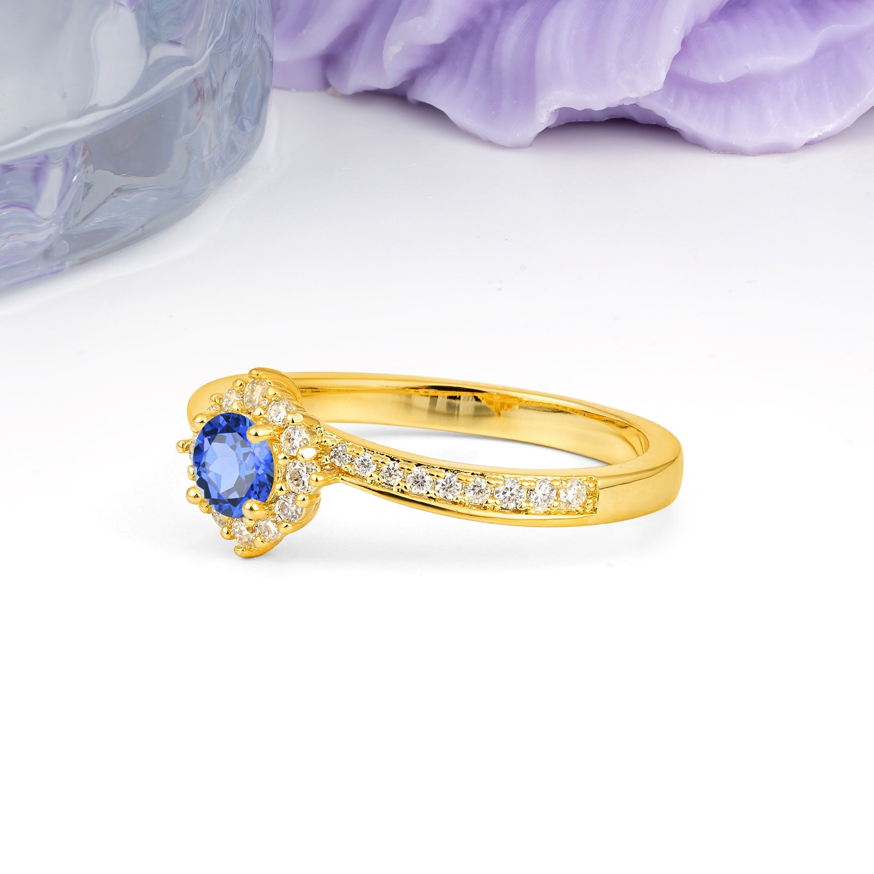 Classic Pavé-Set, Luxurious 4-Prong Round Cut Sapphire Engagement Ring - Additional view