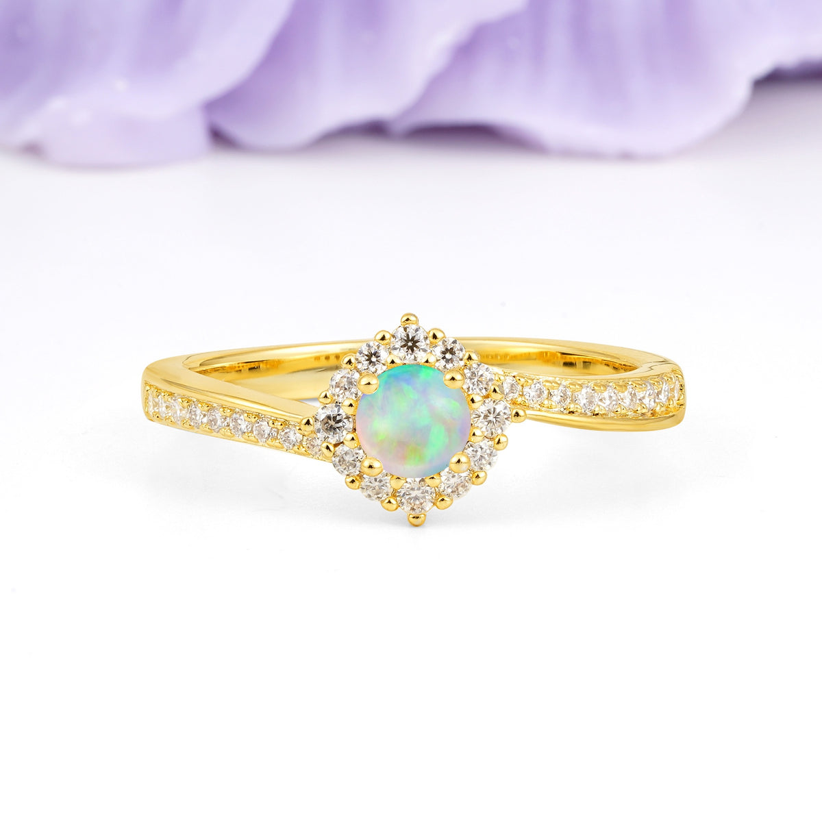 Classic Pavé-Set, Luxurious 4-Prong Round Cut Fire Opal Engagement Ring - Additional view