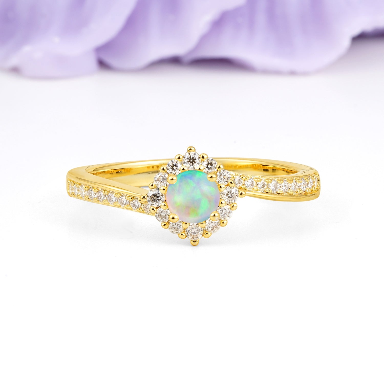 Classic Pavé-Set, Luxurious 4-Prong Round Cut Fire Opal Engagement Ring - Additional view