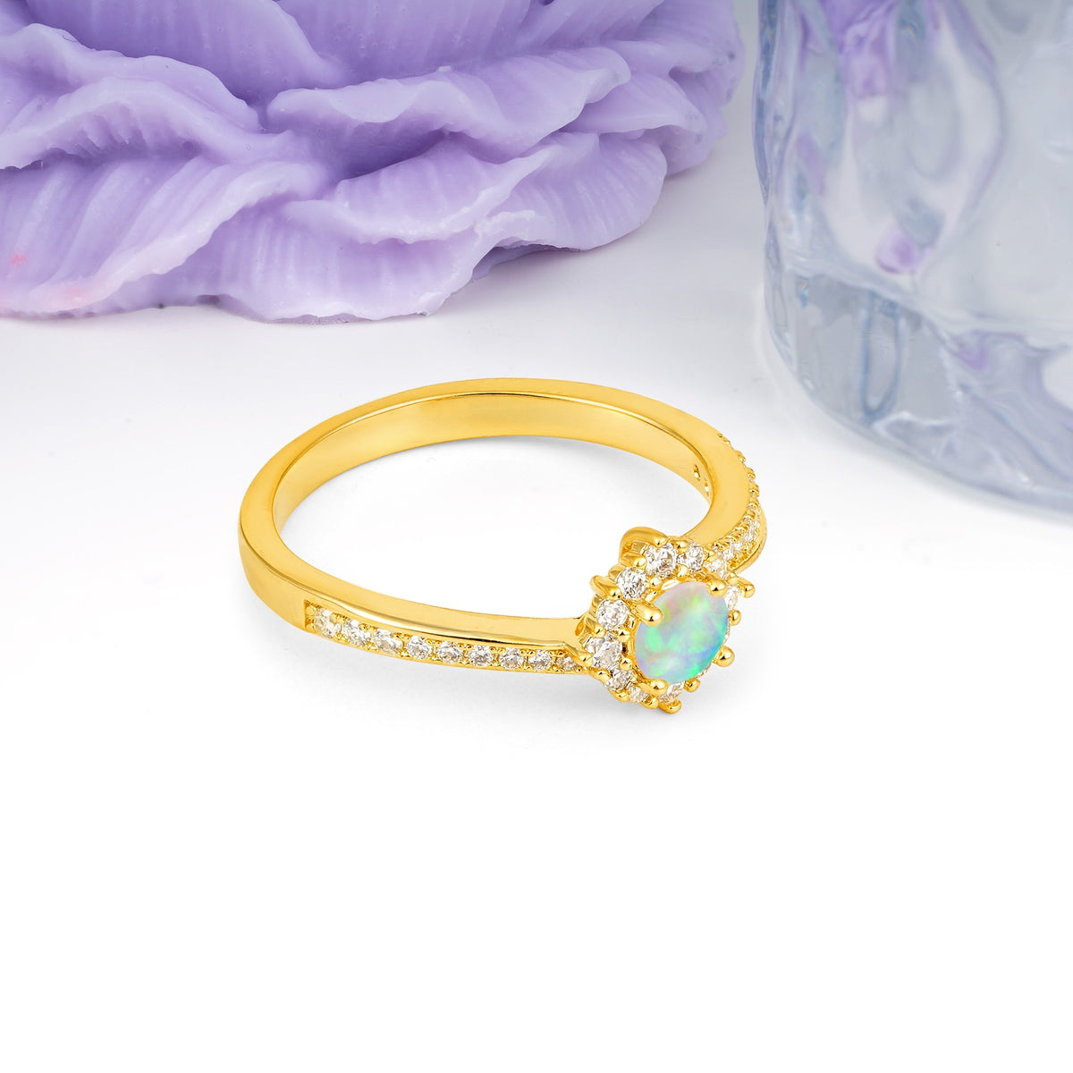 Classic Pavé-Set, Luxurious 4-Prong Round Cut Fire Opal Engagement Ring - Additional view