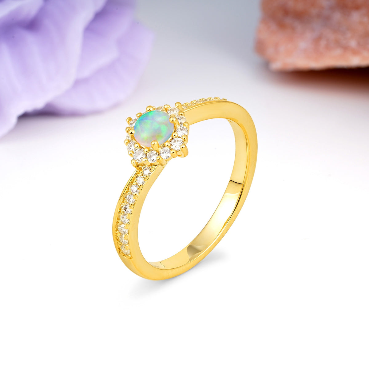 Classic Pavé-Set, Luxurious 4-Prong Round Cut Fire Opal Engagement Ring - Additional view