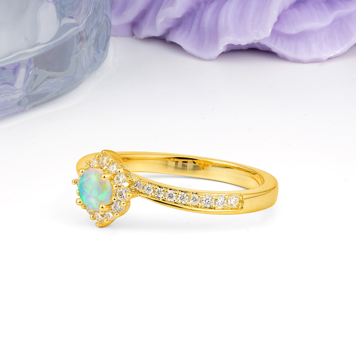 Classic Pavé-Set, Luxurious 4-Prong Round Cut Fire Opal Engagement Ring - Additional view