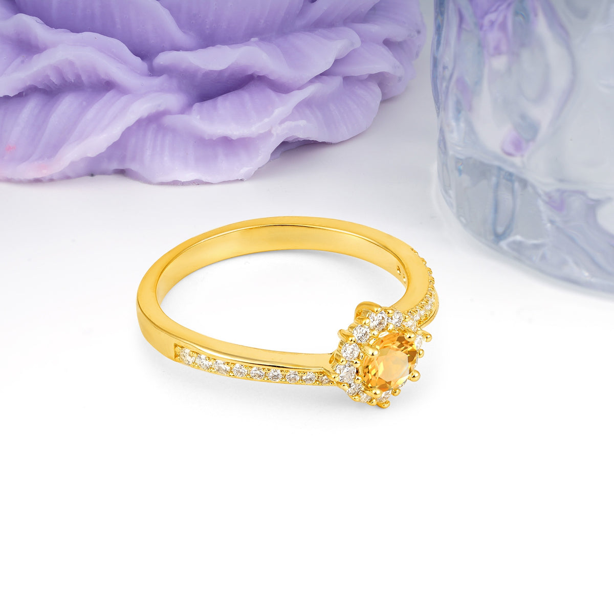 Classic Pavé-Set, Luxurious 4-Prong Round Cut Citrine Engagement Ring - Additional view