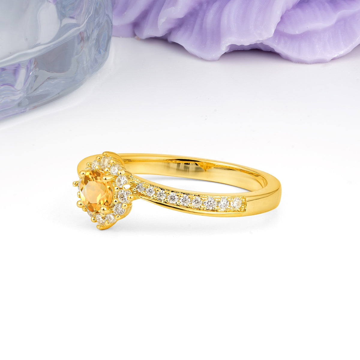 Classic Pavé-Set, Luxurious 4-Prong Round Cut Citrine Engagement Ring - Additional view