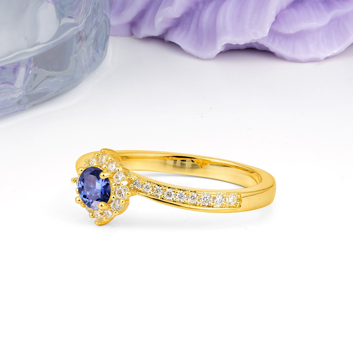 Classic Pavé-Set, Luxurious 4-Prong Round Cut Tanzanite Engagement Ring - Additional view