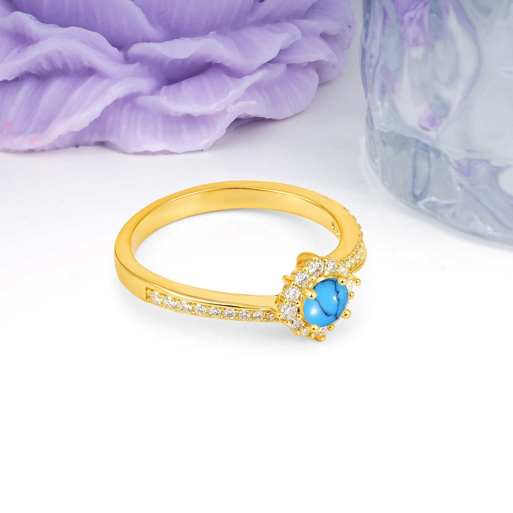 Classic Pavé-Set, Luxurious 4-Prong Round Cut Turquoise Engagement Ring - Additional view