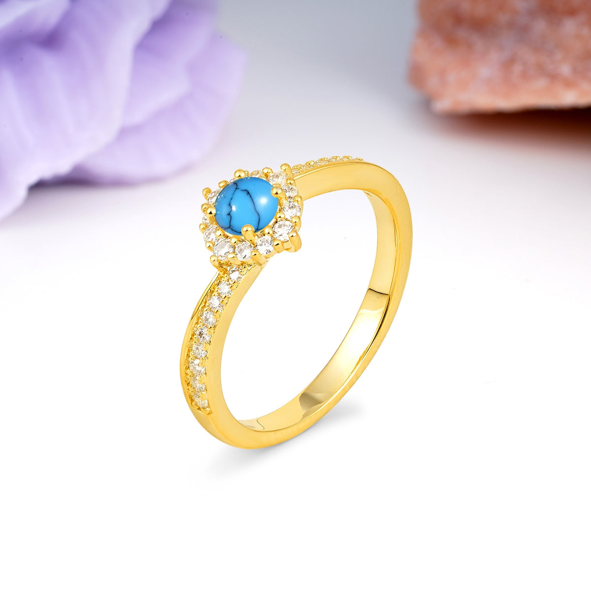 Classic Pavé-Set, Luxurious 4-Prong Round Cut Turquoise Engagement Ring - Additional view