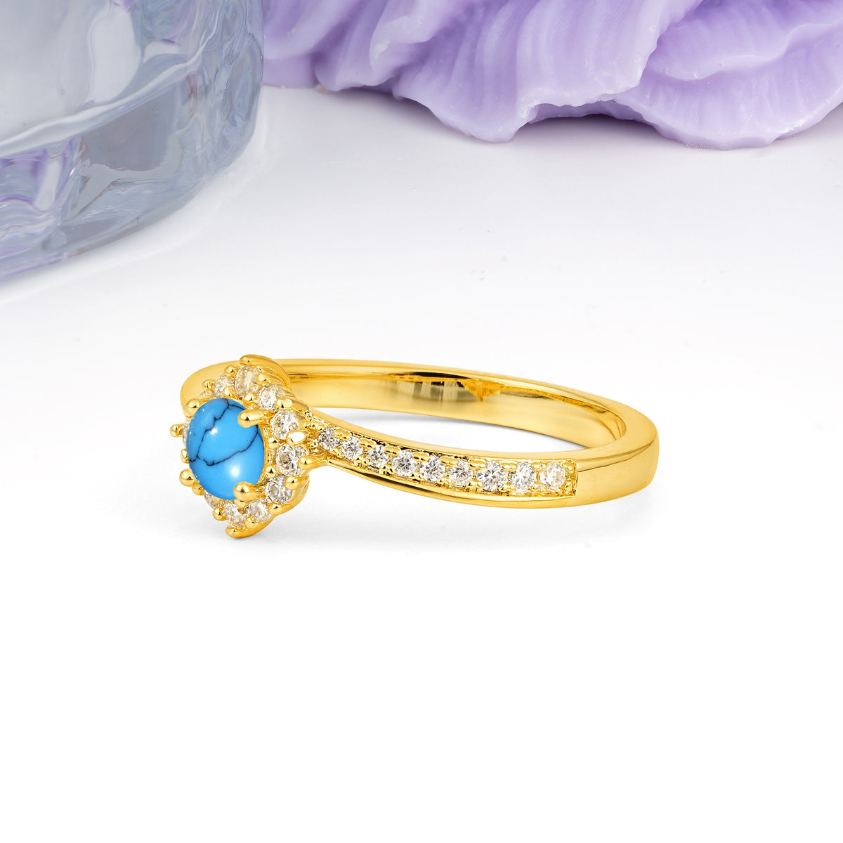 Classic Pavé-Set, Luxurious 4-Prong Round Cut Turquoise Engagement Ring - Additional view