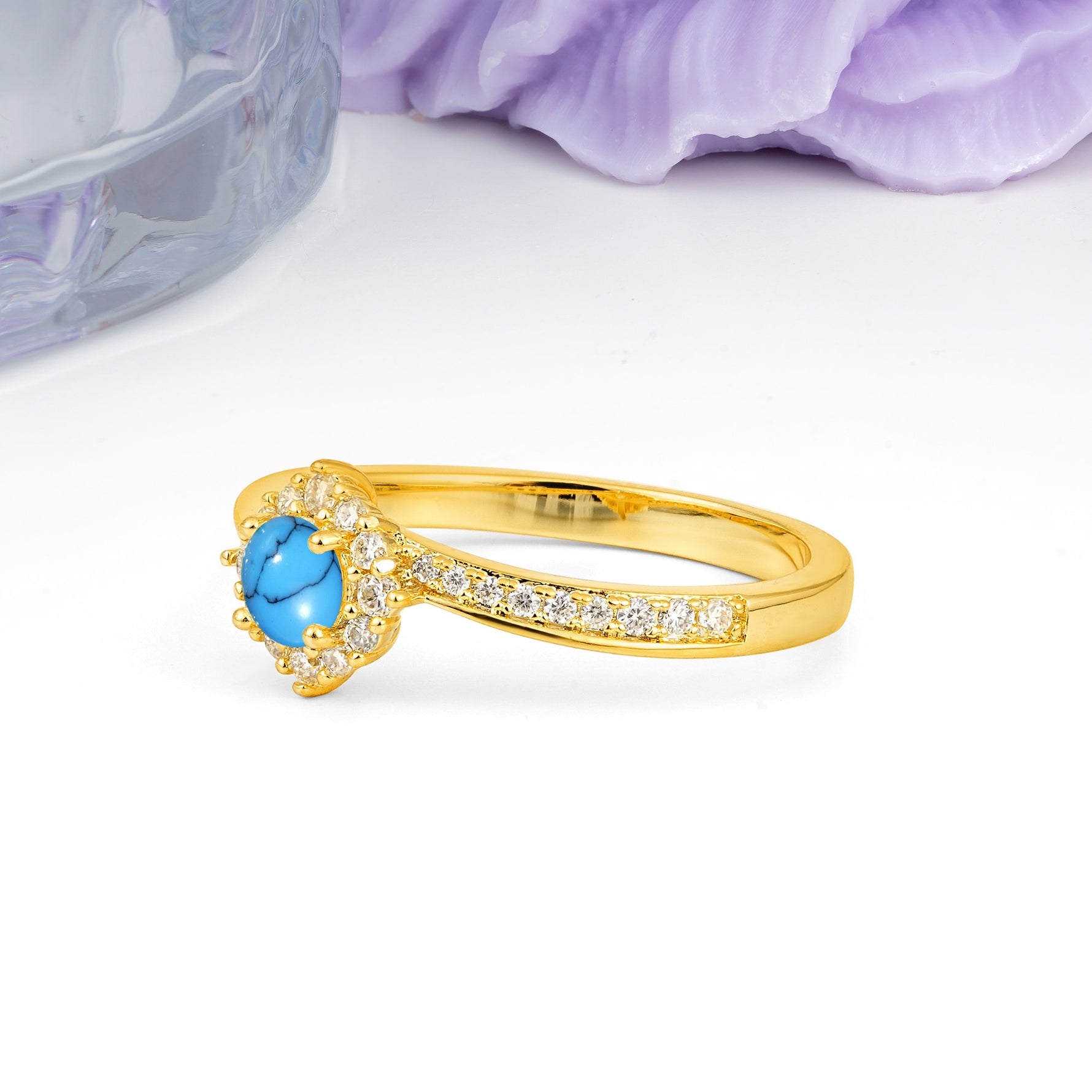 Classic Pavé-Set, Luxurious 4-Prong Round Cut Turquoise Engagement Ring - Additional view