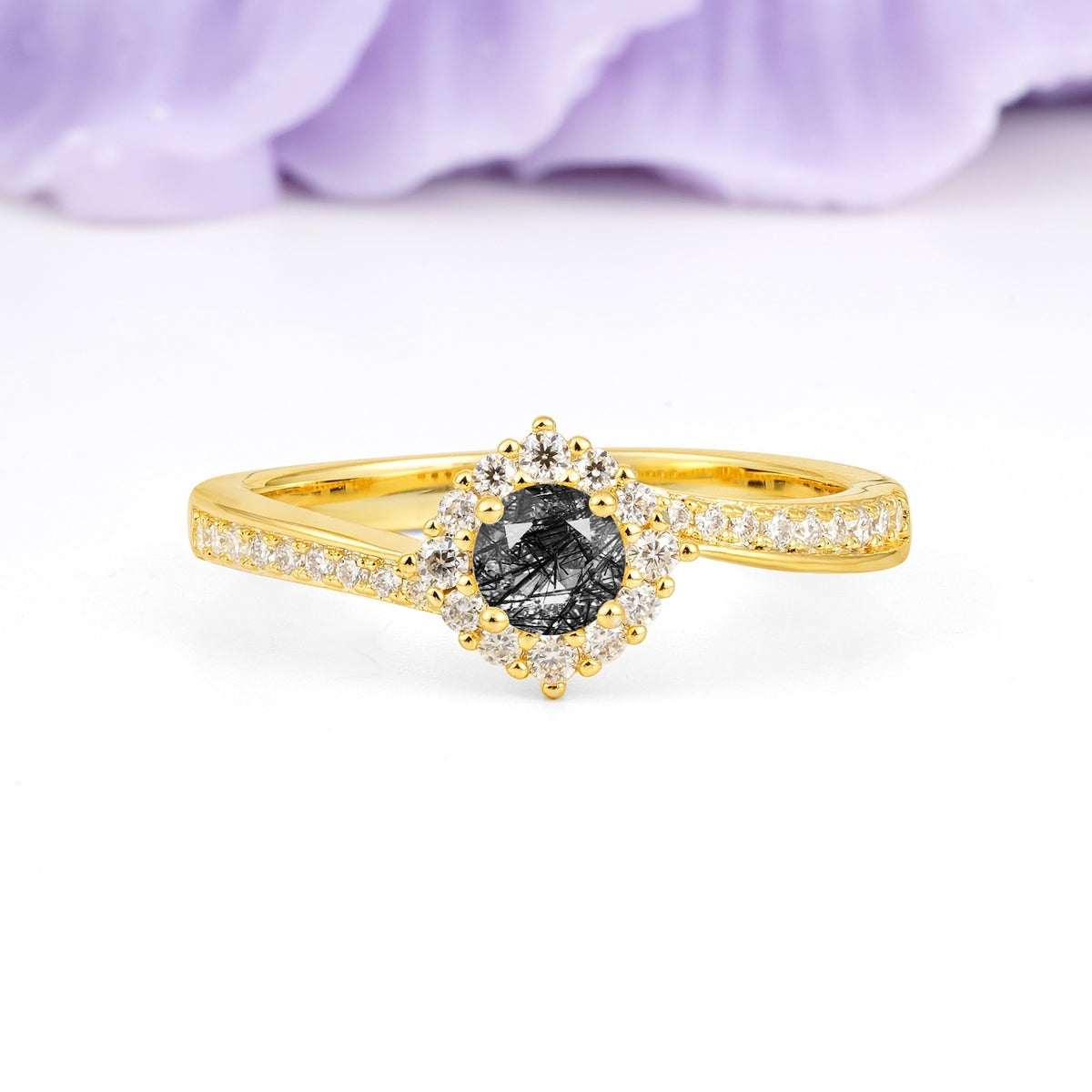 Classic Pavé-Set, Luxurious 4-Prong Round Cut Black Rutilated Quartz Engagement Ring - Additional view