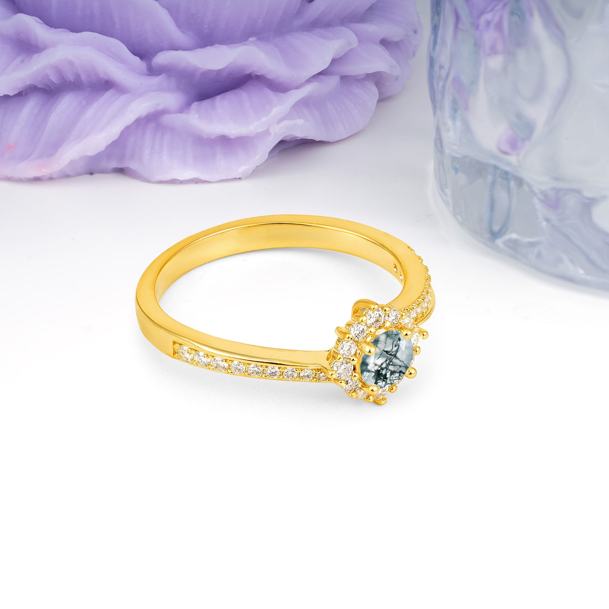 Classic Pavé-Set, Luxurious 4-Prong Round Cut Moss Agate Engagement Ring - Additional view